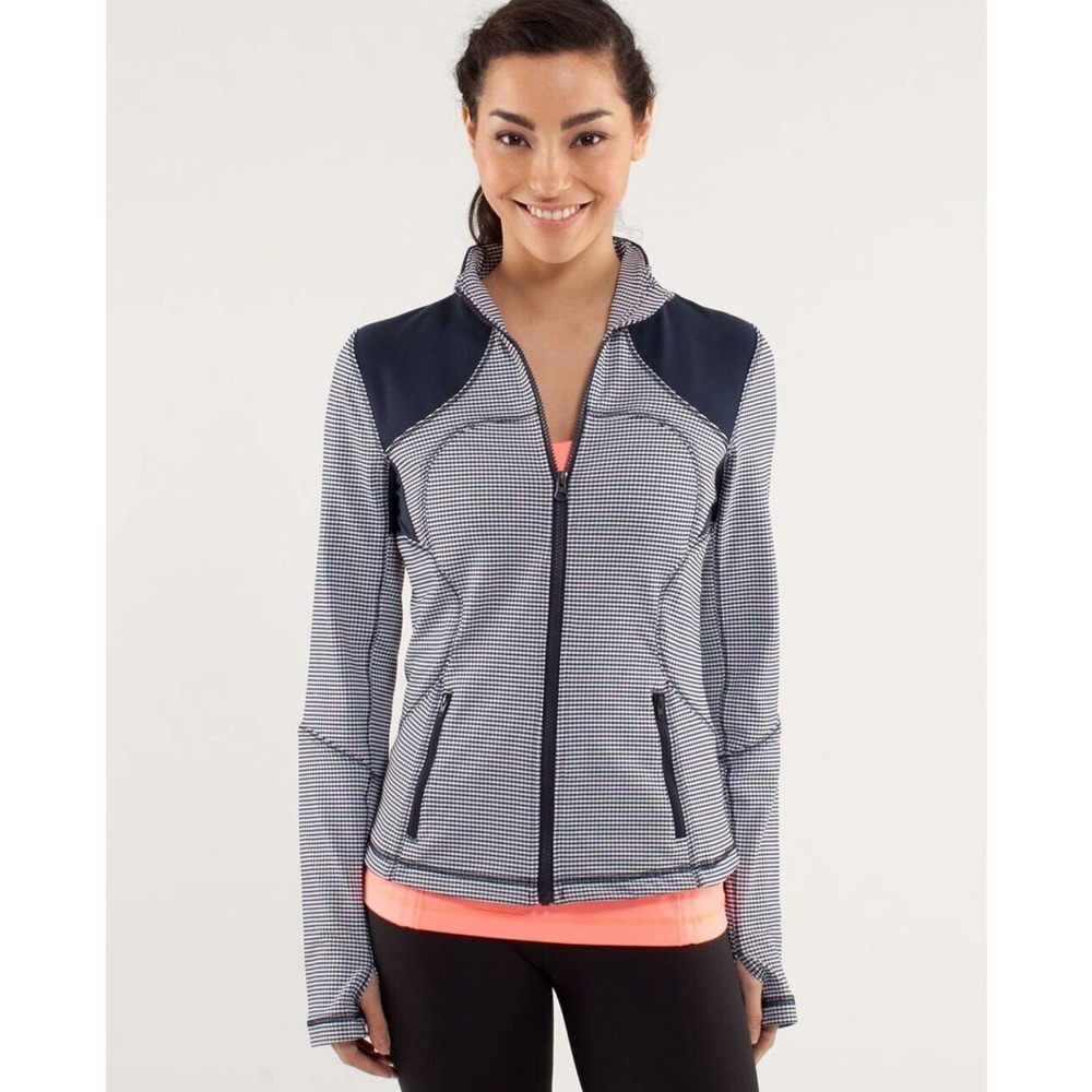 Lululemon Forme Jacket Inkwell Navy Gingham Thumbhole Full Zip Size 10
